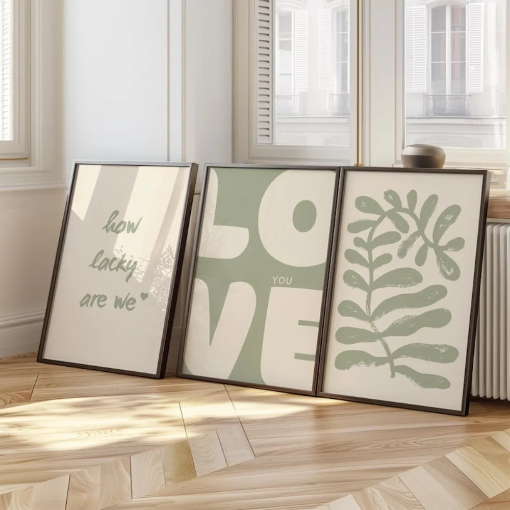 3 Pieces of Frameless Sage Plants and Love Quotes Wall Art,Simple Printable Decor,Modern Bedroom Neutral Bohemian Home Decor
