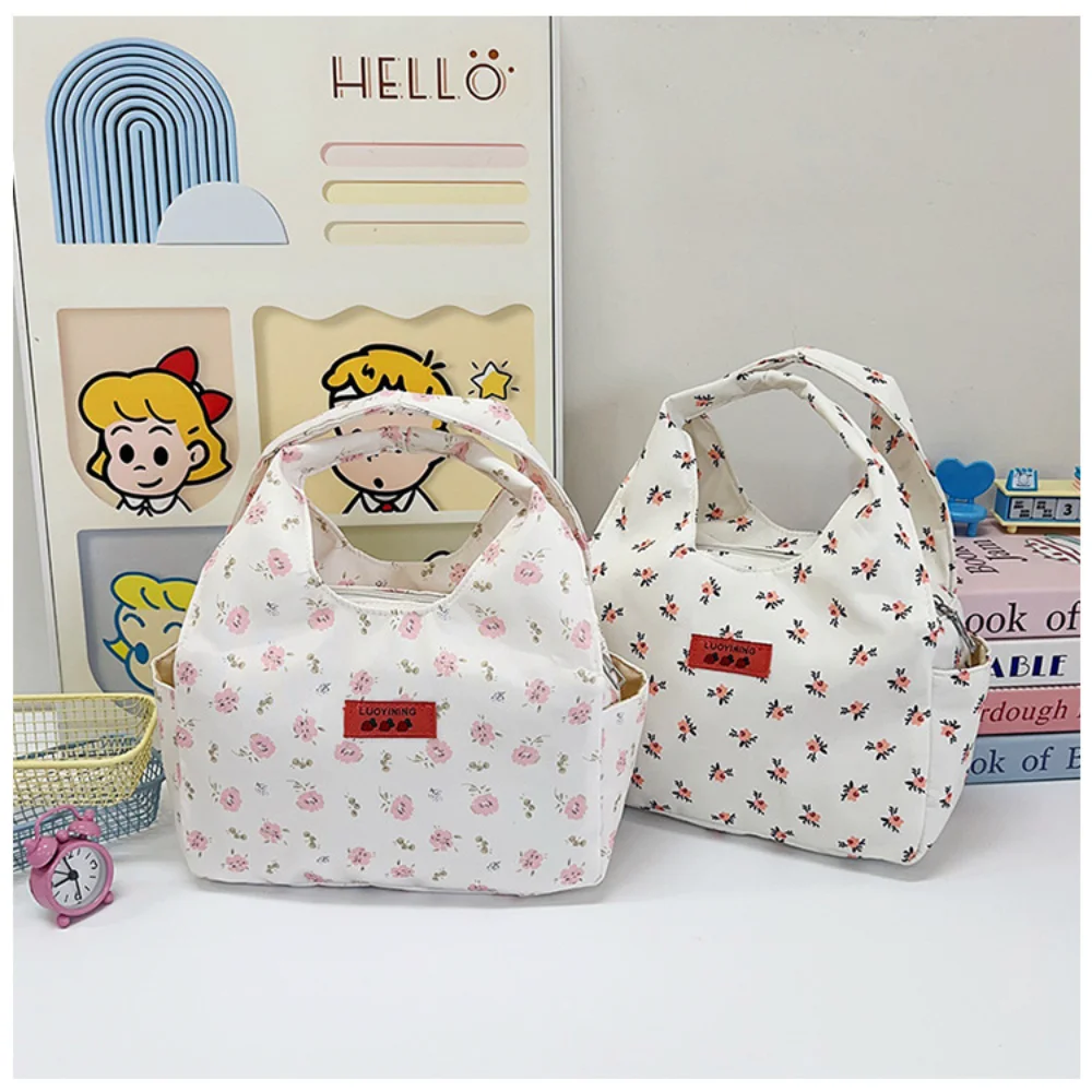 

Small Floral Print Handbag For Women Commuting Handheld Bento Bag Large Capacity Student Lunch Bag Casual Shopping Wrist Bag