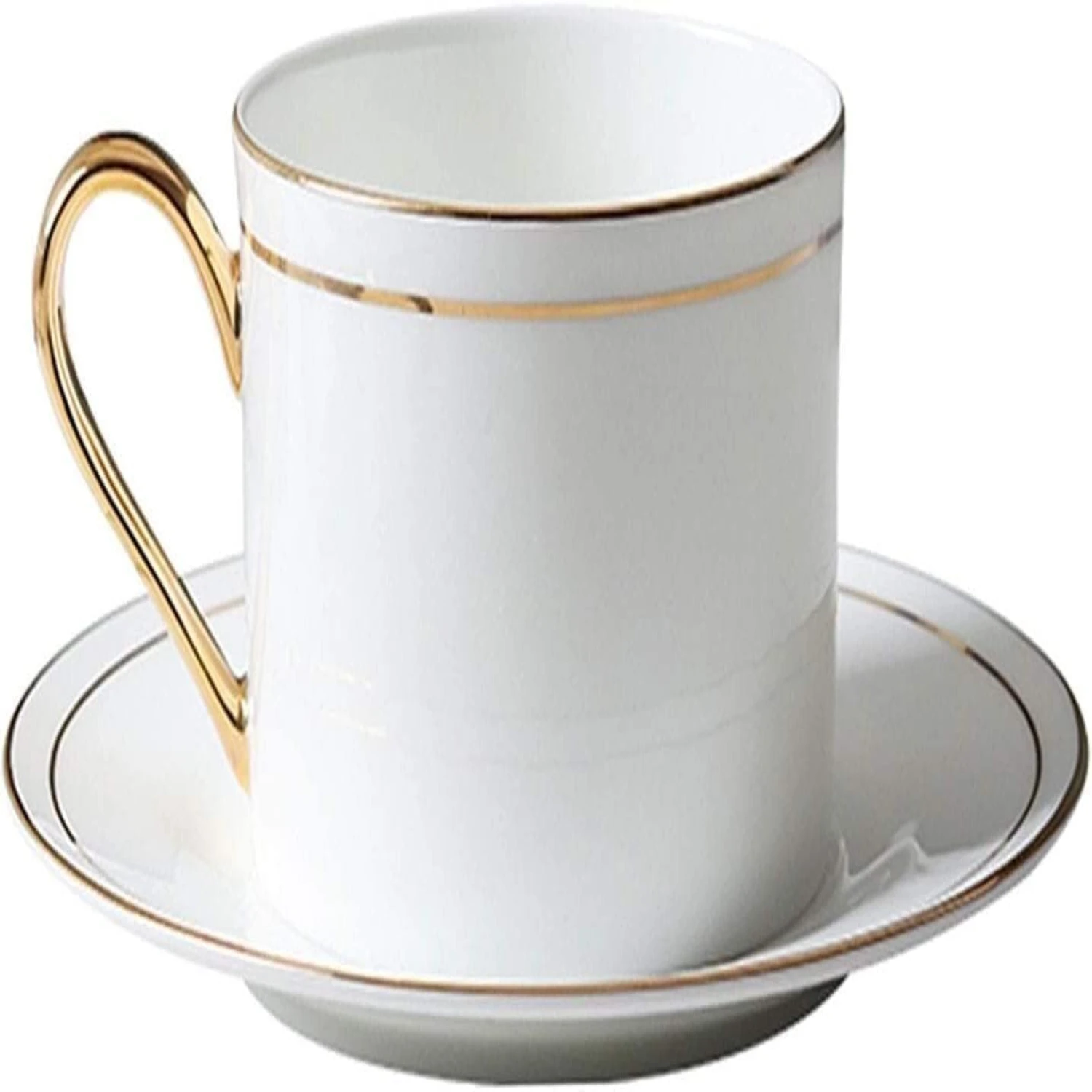 Exquisite and Beautiful White Ceramic Tea and Coffee Cups Set - Elegant 8.5 OZ Coffee Mug and Tea Cup with Ornate Golden Line De
