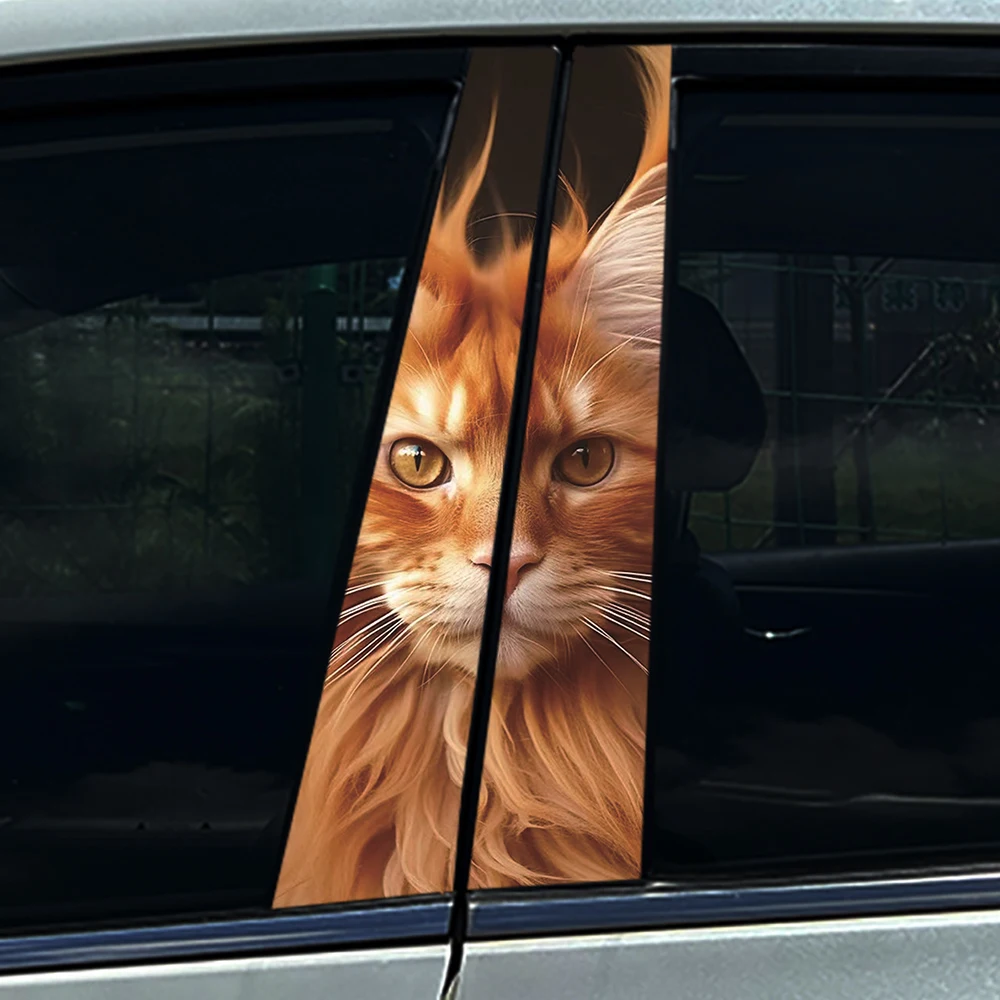 2 pegatinas 3D para pilar B de coche con diseño de gato Maine Coon naranja, calcomanía impermeable y resistente a los rayos UV, cubierta universal antiarañazos
