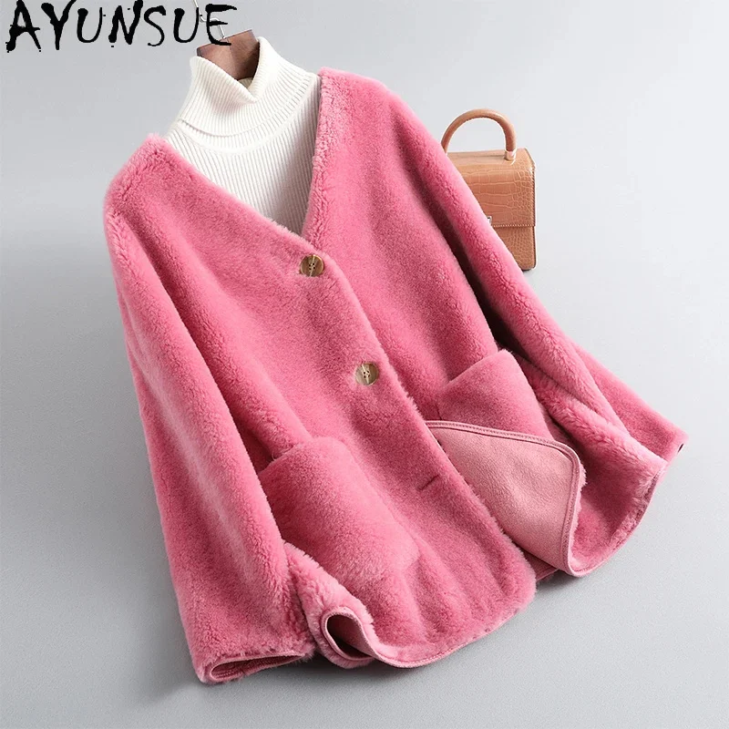 

100% AYUNSUE Wool Coats for Women 2024 Elegant Sheep Shearing Jacket Fashion V-neck Female Fall Winter Clothes Jaqueta Feminina