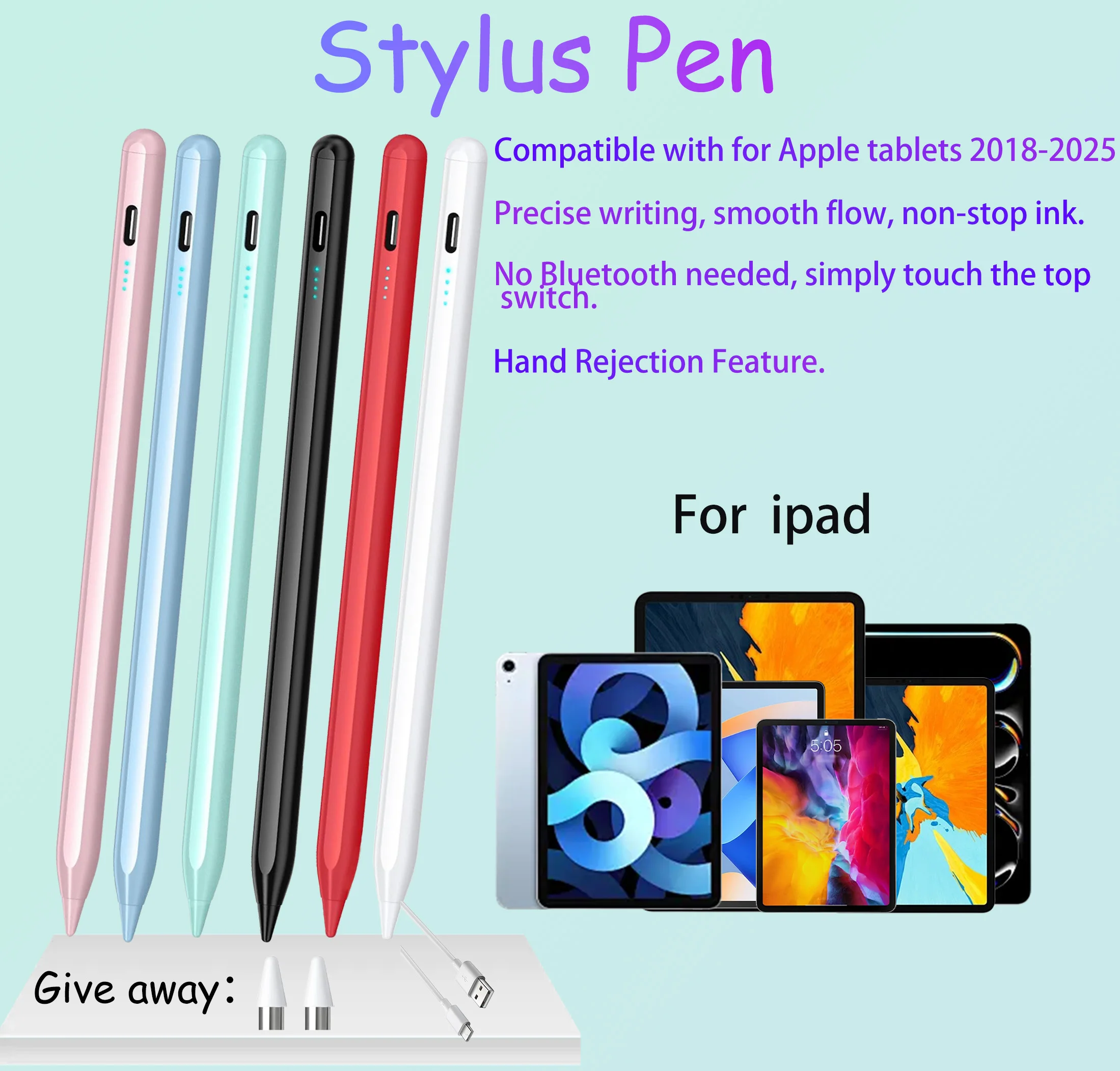 

Rechargeable Stylus Pen for iPad 2018+, Palm Rejection, Fast Charge, Long battery life, Side Magnet for Secure Storage