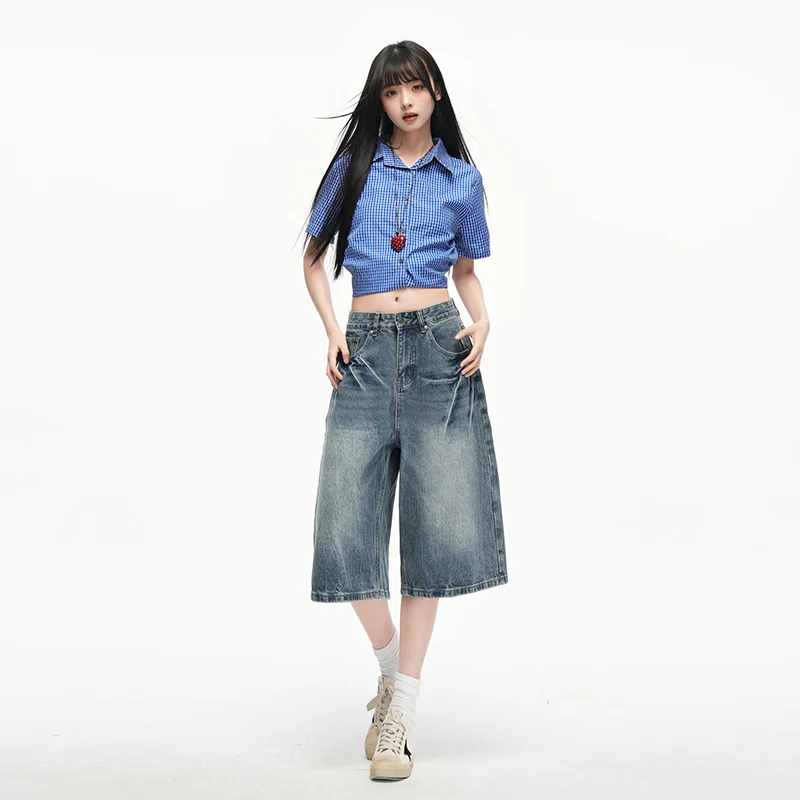 American Vintage Women Y2k Loose Denim Jeans Bermuda Women High Rise Wide Leg Knee Length Loose Fit Summer Pant Shorts Versatile