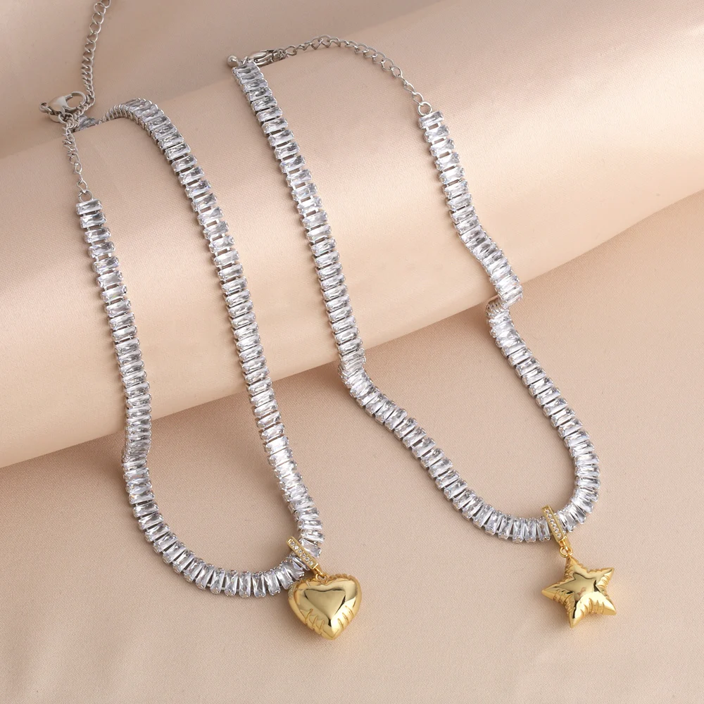 FLOLA Gold Plated Bubble Heart Star Necklaces for Women Silver Color Tennis Chain Statement Necklaces Chokers Jewelry nkeq93