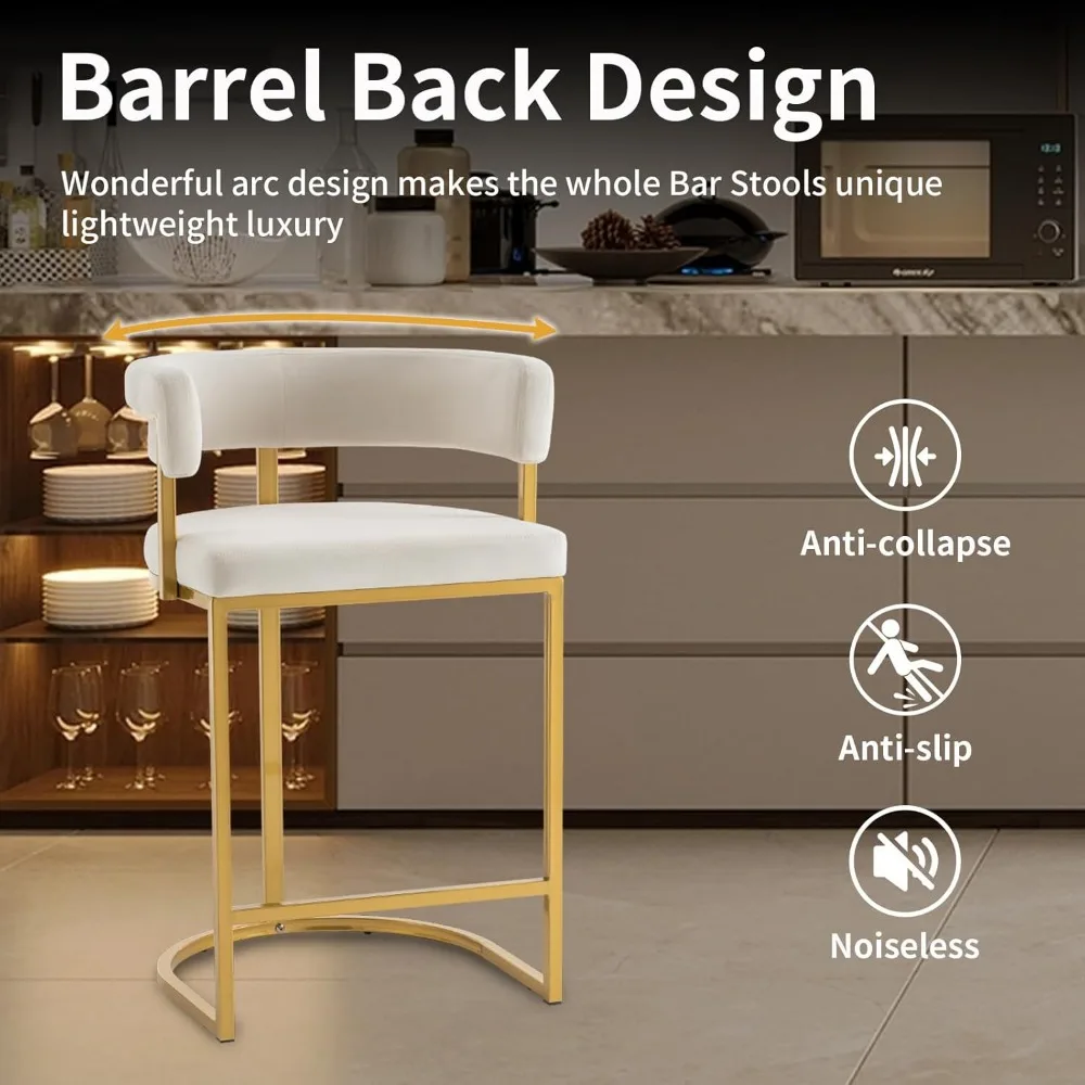 Par de bancos de bar de veludo bege com encosto de cano, assentos estofados, apoios para os pés dourados - 25,6 altura do assento