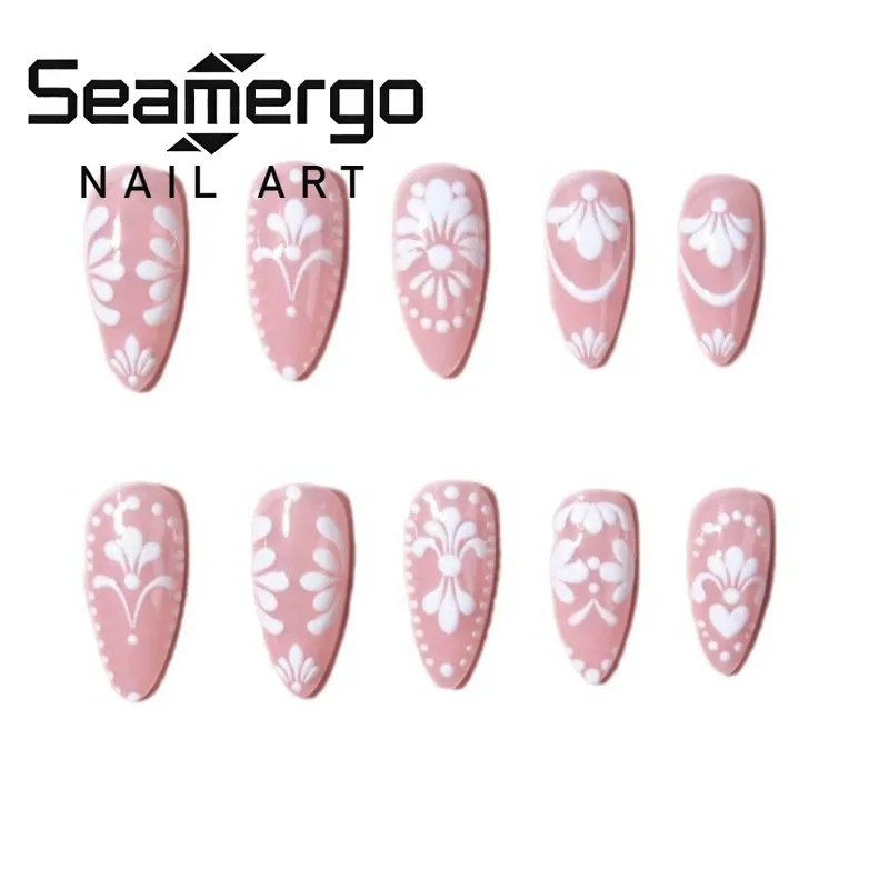 

24 шт. Накладные ногти в форме миндаля с белым тиснением в виде цветов, съемные, многоразовые, простые, милые, элегантные, для маникюра