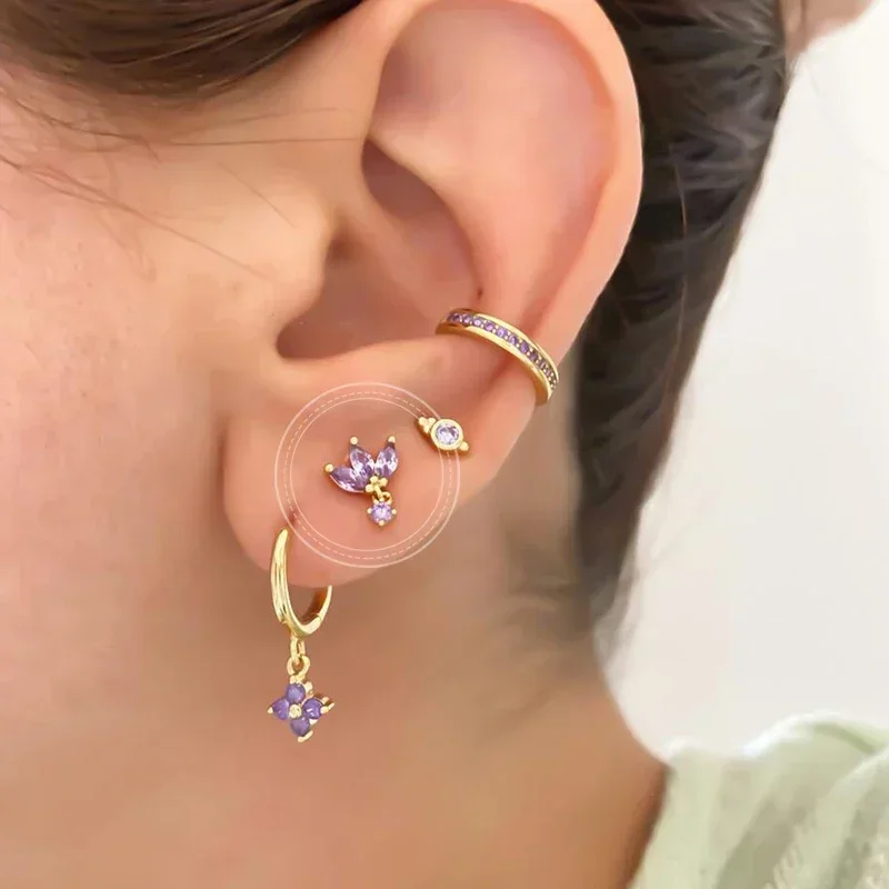 925 Sterling Silver Needle Gold Purple Zircon Crystal Hoop Earrings for Women Delicacy Heart Pendant Earrings Wedding Jewelry