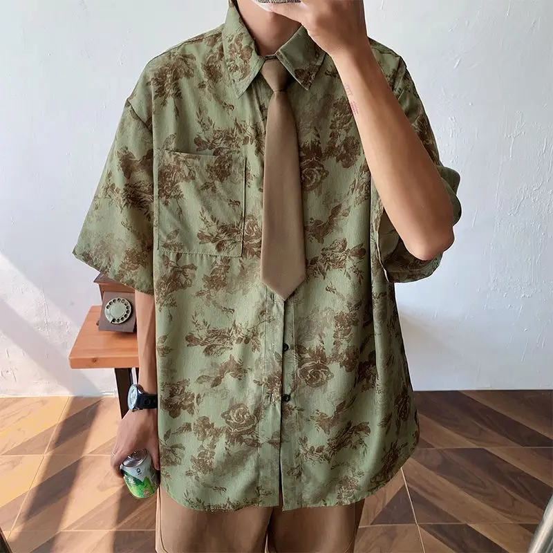 Men's Summer Japanese Style Vintage Floral Print Harajuku Shirt Trendy Casual Streetwear Y2K Short Sleeve Oversize Tops Camisas