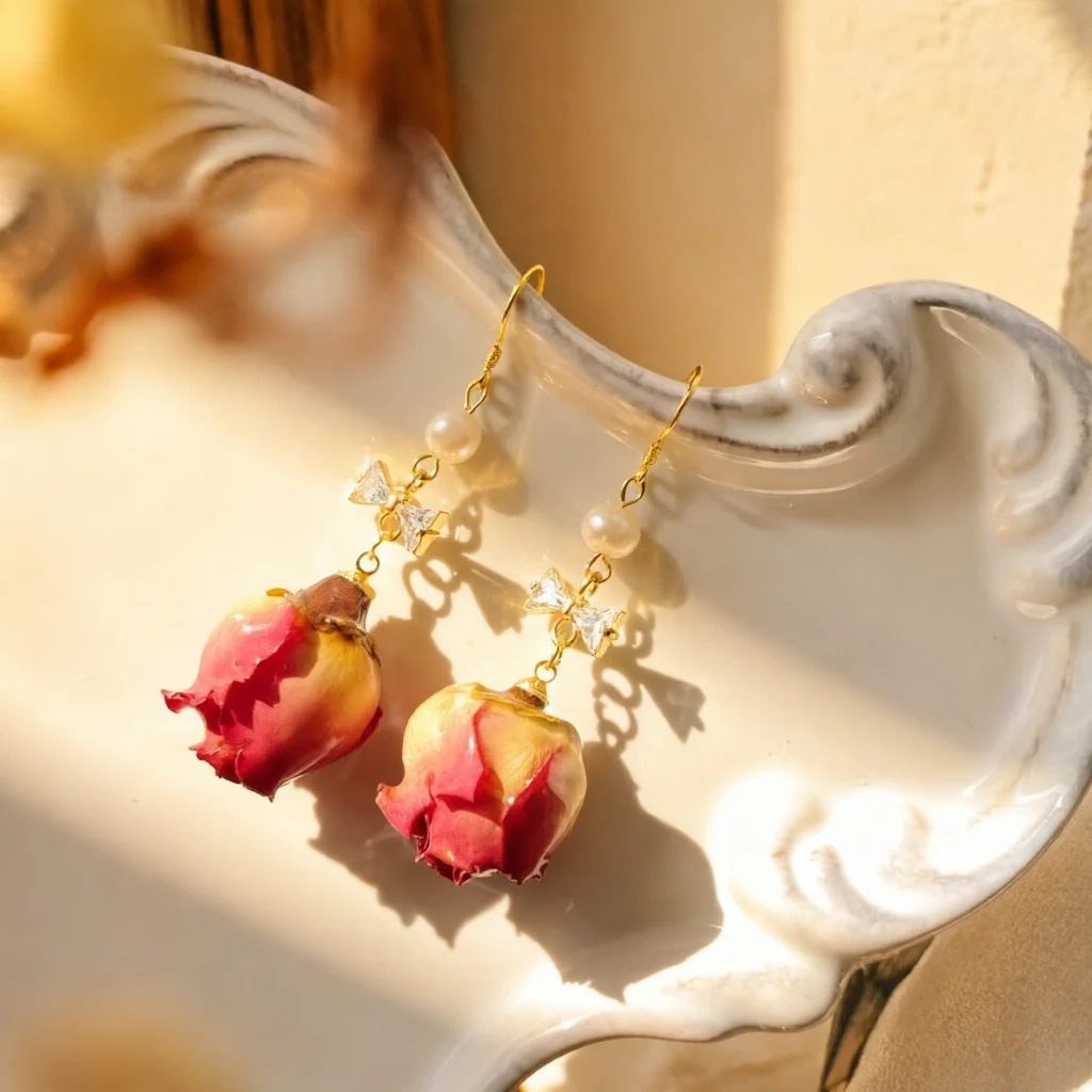 Eternal Rose Dried Flower Earrings (Women's Style) Handcrafted Vintage Court Jewelry, Unique and Niche Natural Gift Choice