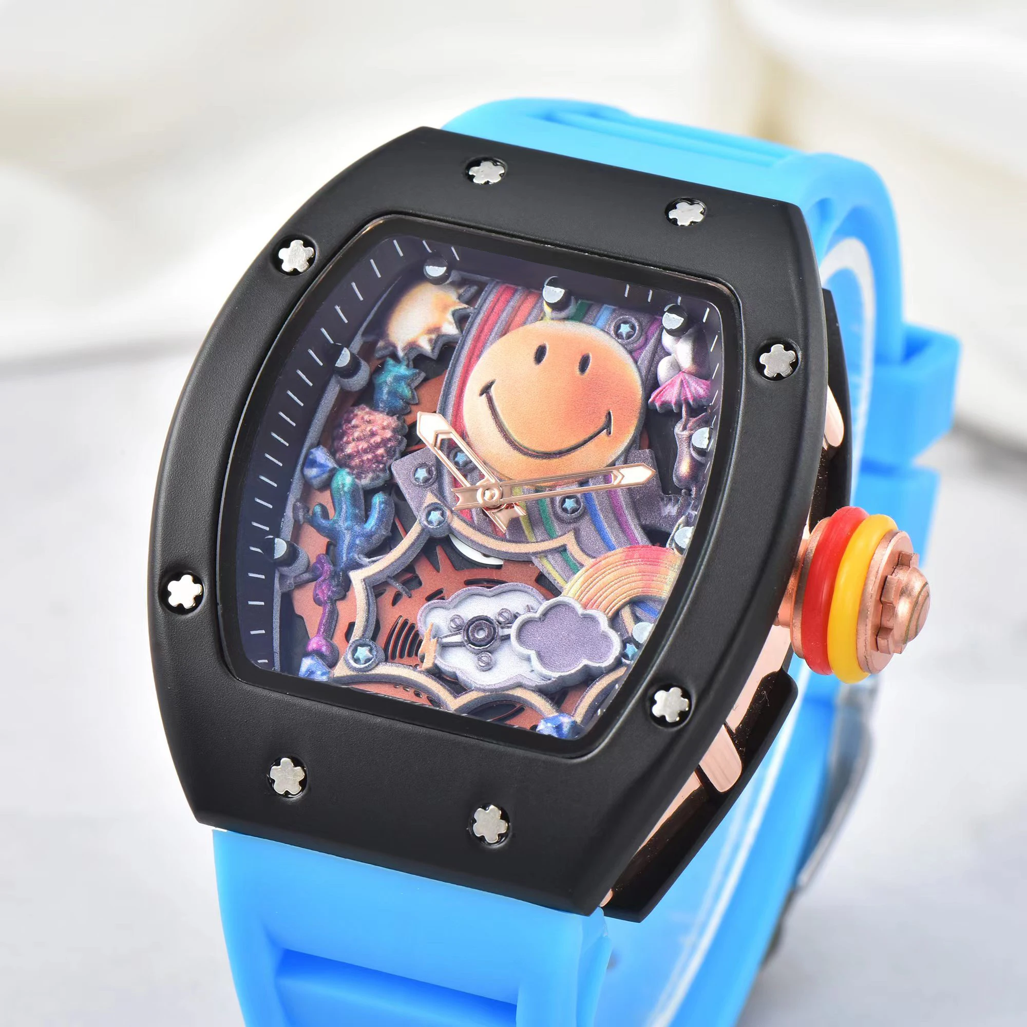 2024 new smile silicone strap square tonneau large dial watch hollowed out surface calendar quartz watch for men and Students