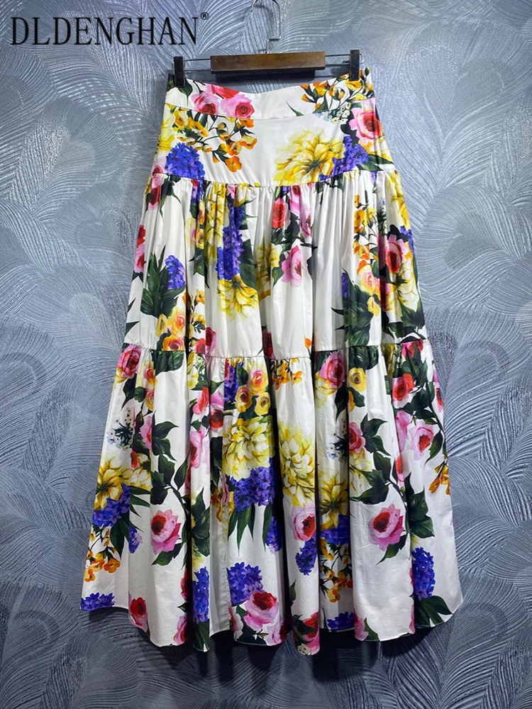 

DLDENGHAN Spring 100% Cotton High Waiste Skirt Women Flower Print Elegant Party Long Skirt Fashion Designer New