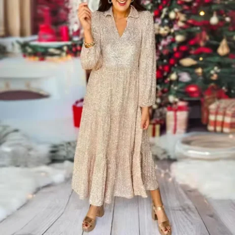 เดรสทรงเอไลน์สำหรับผู้หญิง กระโปรงบานใหญ่ แต่งเลื่อม จับจีบ คอวี แขนยาว ความยาวระดับกลางน่อง เดรสยาวสำหรับงานพรอม งานเดท งานเลี้ยงอย่างเป็นทางการ