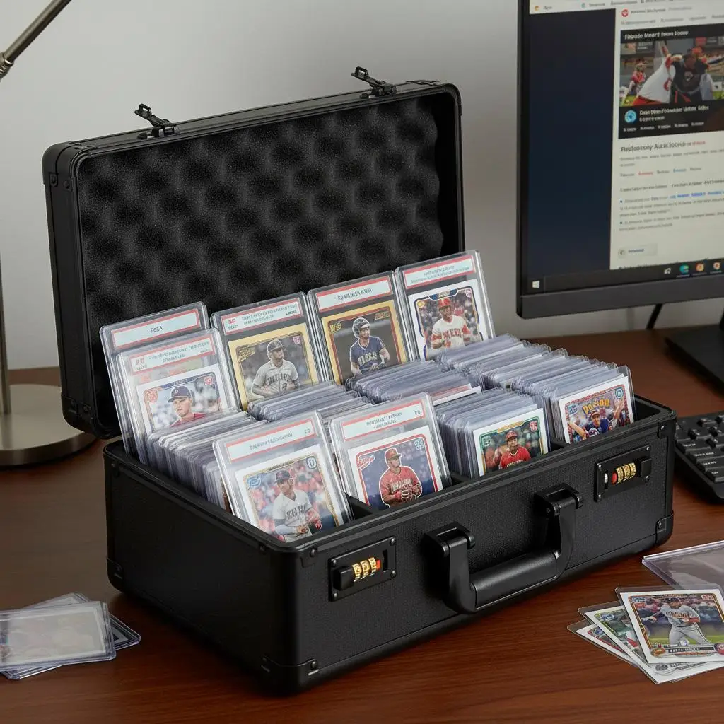 

Кейс для хранения коллекционных карт с 4 отделениями, металлический замок, большая вместимость, внутренняя подкладка, для игровой комнаты и домашней организации.