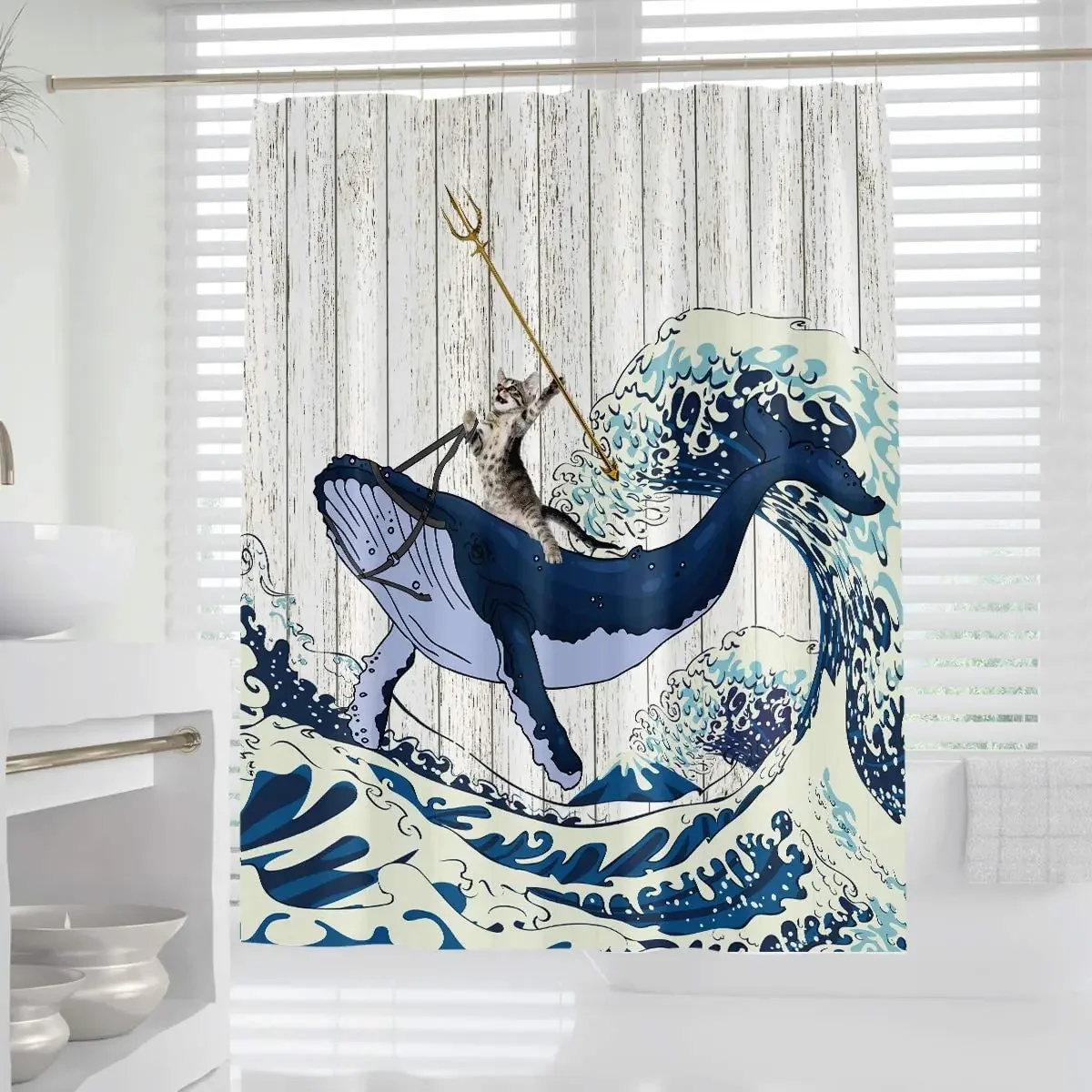 Funny Cat Shower Curtain Japanese Wave Whale Barn Door