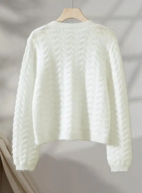 Sexy Mesh Hollowed Out Wide Truffle Waist Long Sleeved V-Neck Knitted Sweater for Autumn, Elegant Button Knit Jacket for Women