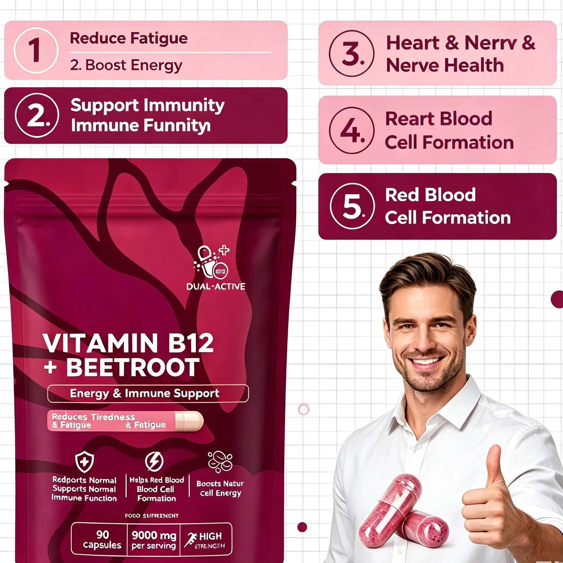 Beetroot & Vitamin B12 Capsules Relieve Fatigue Boost Energy Immune Support Daily Wellness Supplement