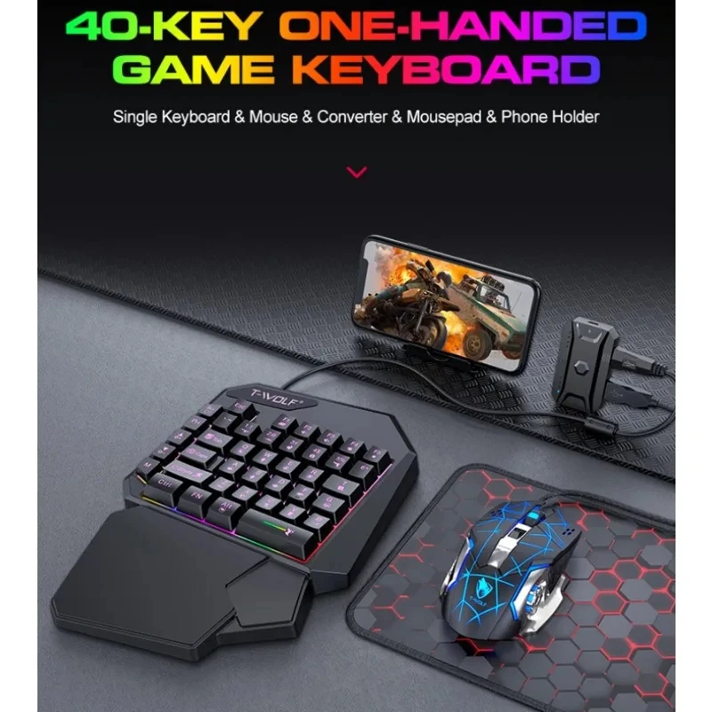 2026 Best-Selling Game Keyboard Set One-Handed Keyboard Mouse Converter Mobile Game Converter Backlight Mobile Phone Controller