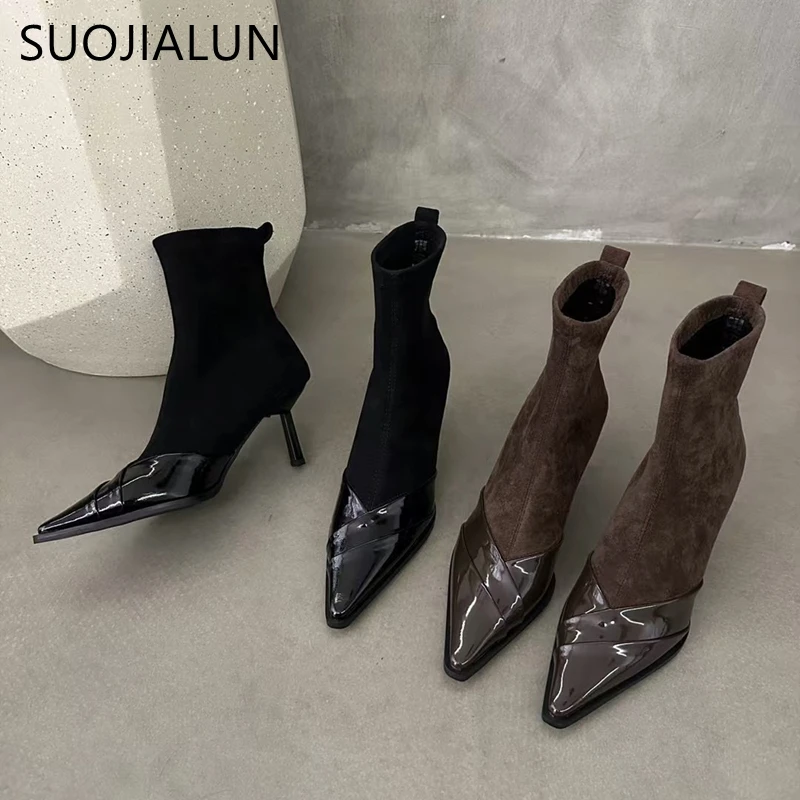 

Новые Брендовые женские ботильоны SUOJIALUN, модные женские элегантные короткие сапоги без застежек с острым носком, Классические ботинки челси на тонком высоком каблуке