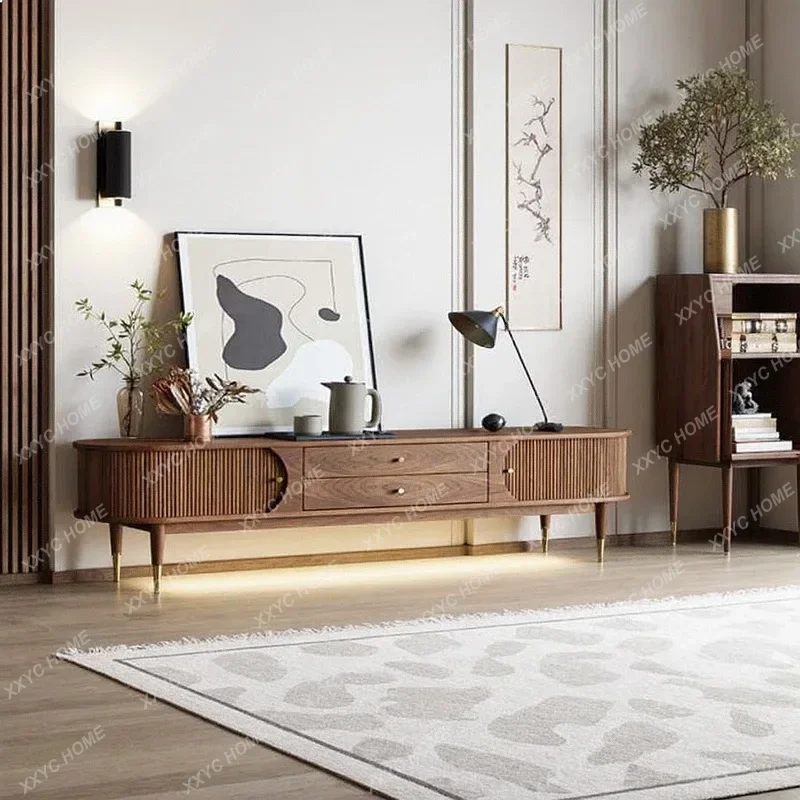 XX Black Walnut Solid Wood TV Cabinet Roller Door Arc Shape Modern  Style Living Room Storage Unit