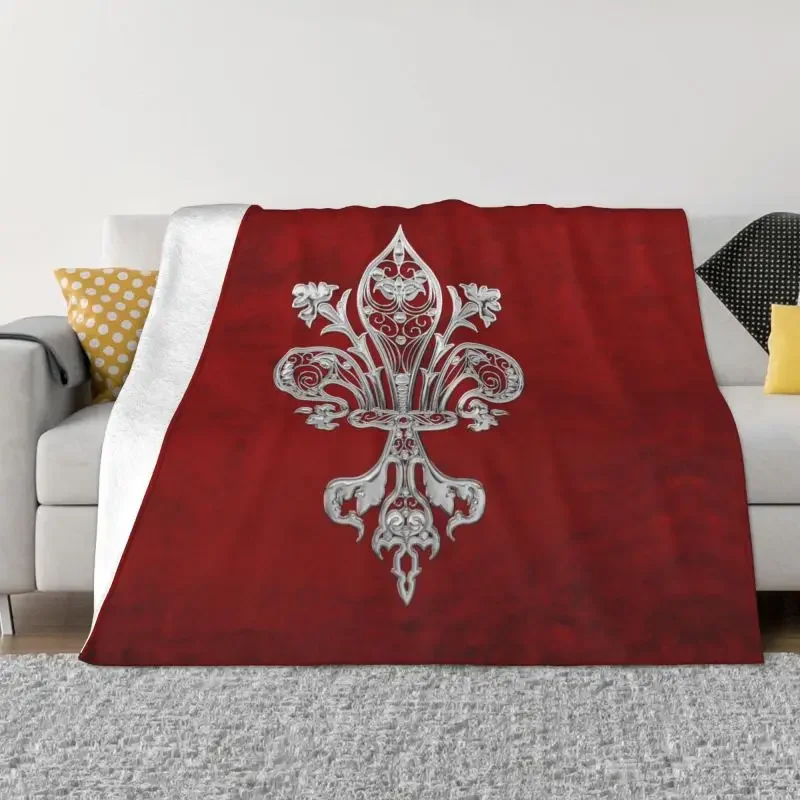 

Vintage Fleur De Lis Pattern Flannel Throw Blanket Comfortable Soft Winter Lily Flower for Couch Outdoor Bedding Decor King Size