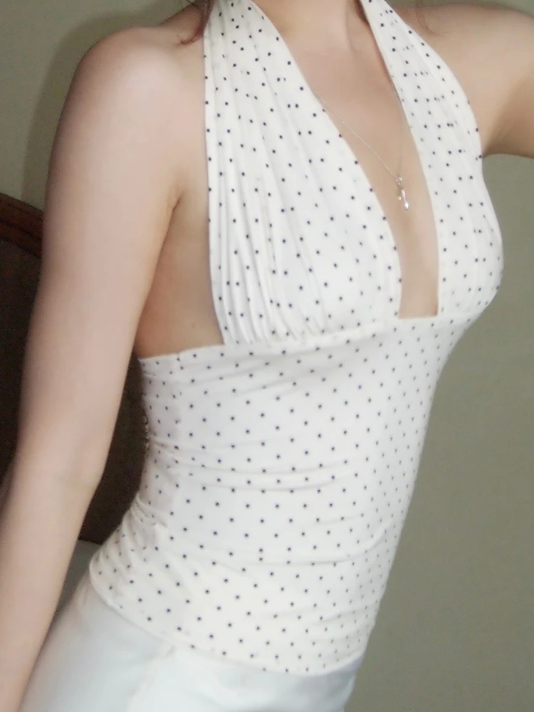 WEIRD PUSS Korean Sle Simple Polka Dot Deep V Ne Women's Tank Top Sexy Bal Versatile Top Commute Sle ort Length