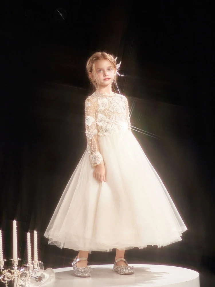 Custom Flower Girl Dress Wedding Dress First Christmas Party Kids Long Sleeve Sheer Back Beaded Floral Lace Tulle Ball Gown Form