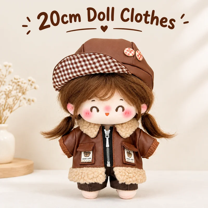 20cm Cotton Doll Clothes Autumn And Winter Brown Chestnut Series Outfit Set Brown Faux Leather Design