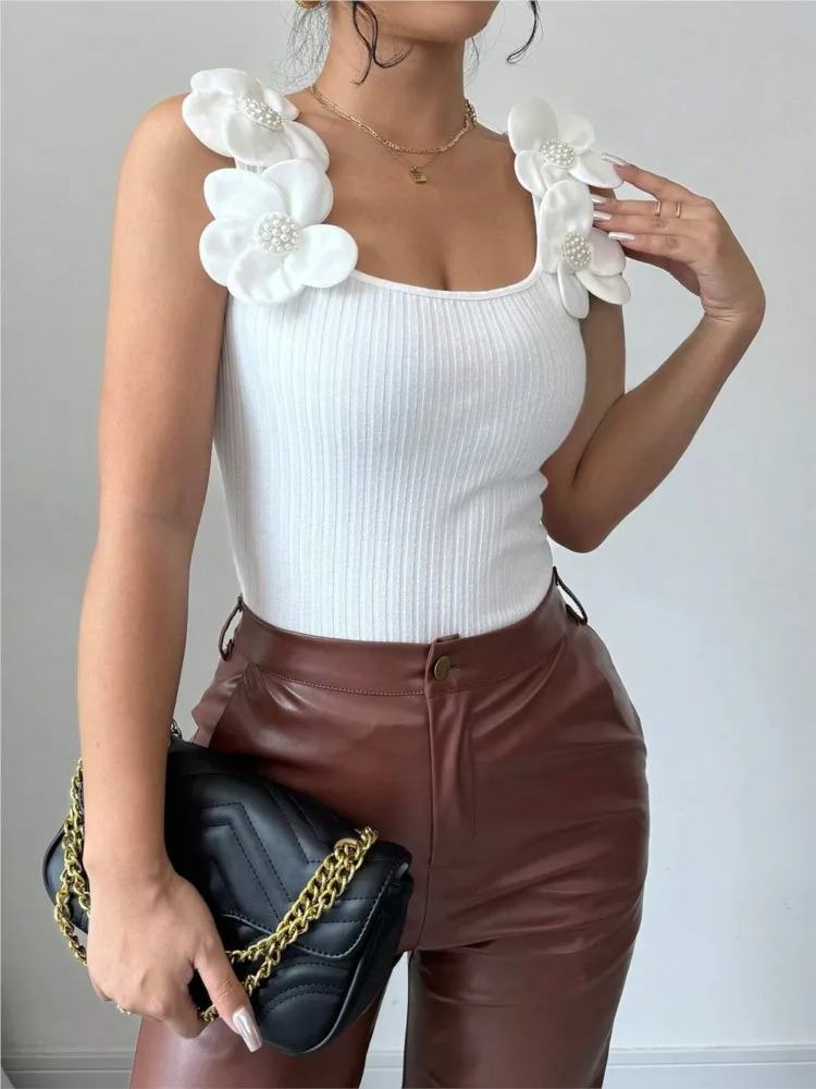 صيف جديد مزاجه المألوف عارضة ثلاثي الأبعاد زهرة الديكور محبوك بلوزة بلا أكمام