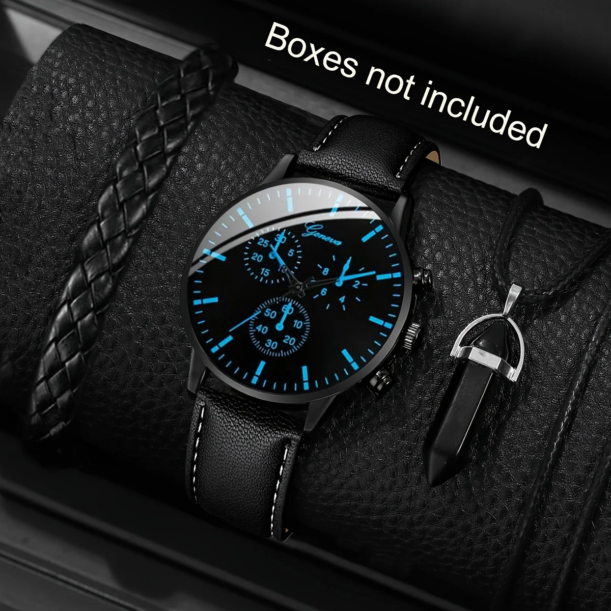 

3pcs/set Men's Business Leisure Quartz Watch Analog PU Leather Wrist Watch & Jewelry Set, Father's DayGifts For Him