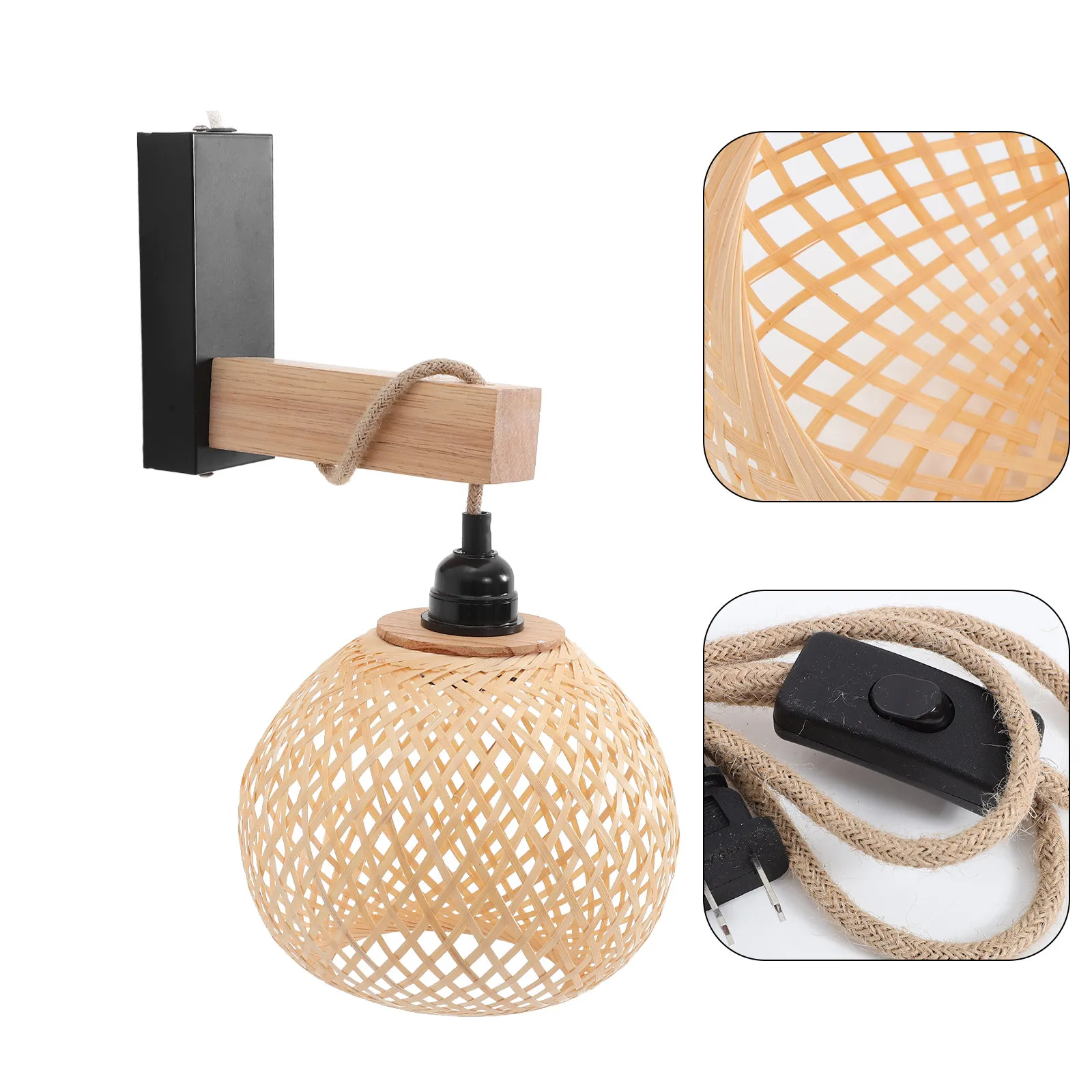 

Rattan Weaving Wall Lamp Bedside Reading Light Fixture Us Plug Wall Mounted Light for Living Room Bedroom Balcony Home Decor