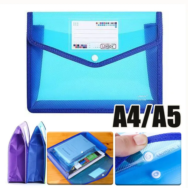 1PC A4/A5 Snap File Document Holder Durable Transparent File Bag with Label Pocket for School Office File Organization