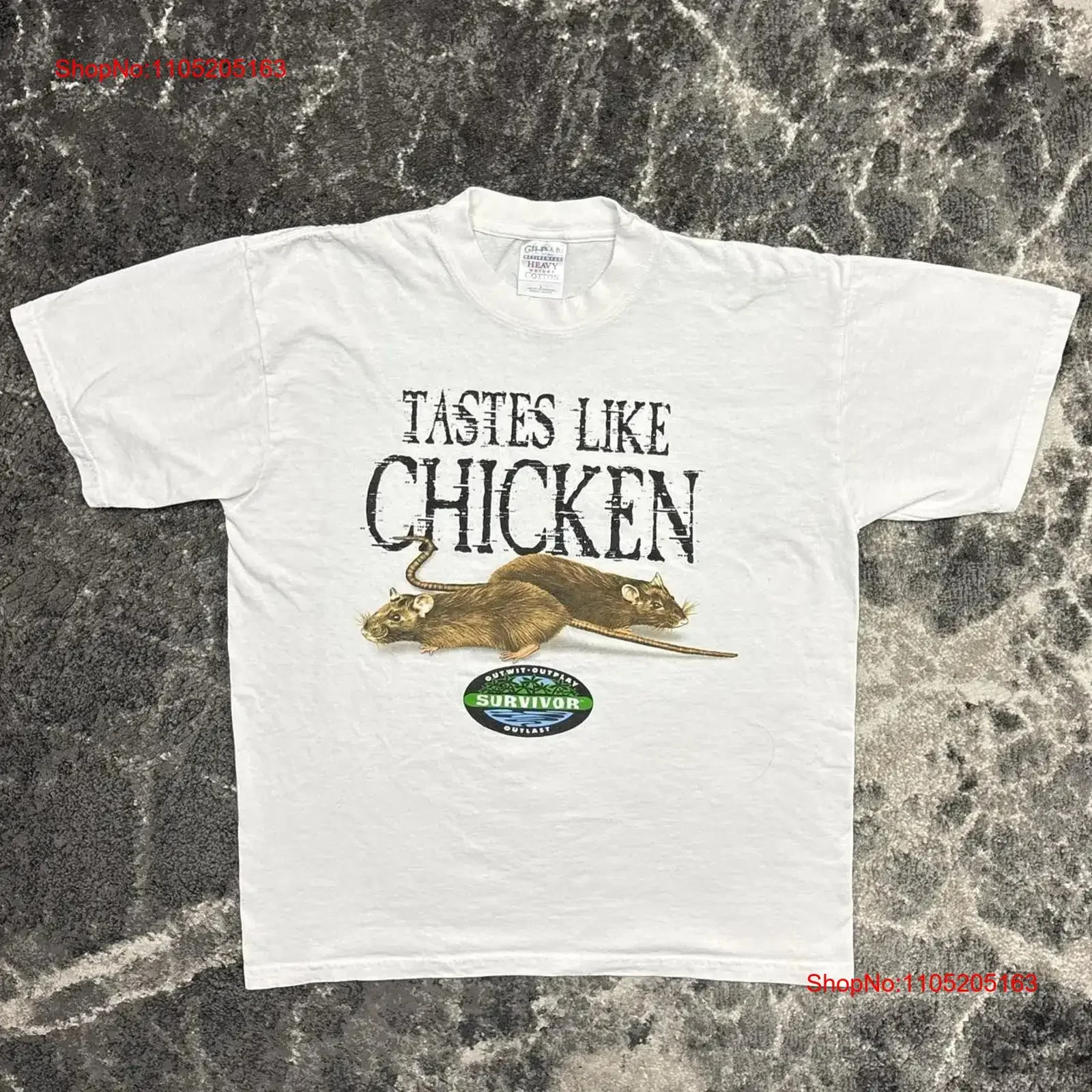 Vintage Survivor T Shirt Mens Large 90s Y2K TV Show Promo Art White Tastes Chicken vintage Washed streetwear Stretched homme