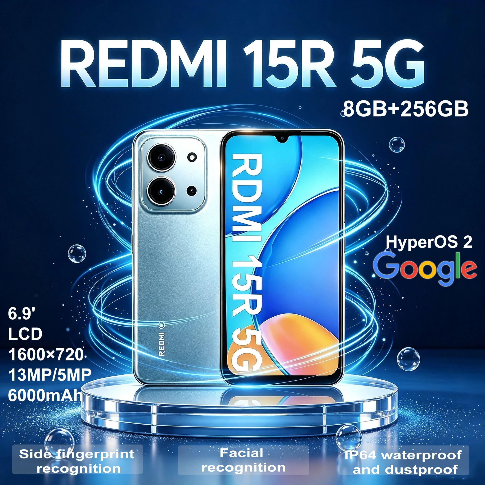 Redmi 15R new ultra-thin smart fashion mobile phone with 8GB ram, 256gb storage, 6000mAh battery, long battery life