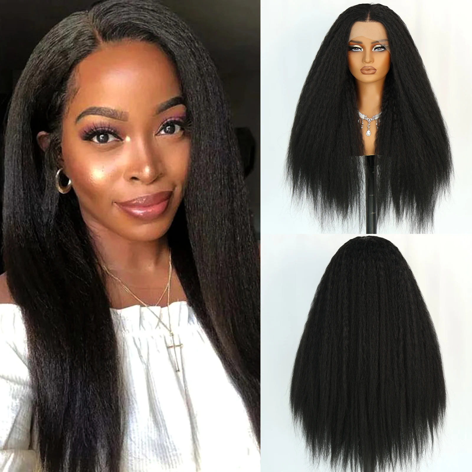 

Aubree Black Yaki 13*4 Lace Front Synthetic Wig For Black Women 28 inches 180 Density Glueless Heat Resistant