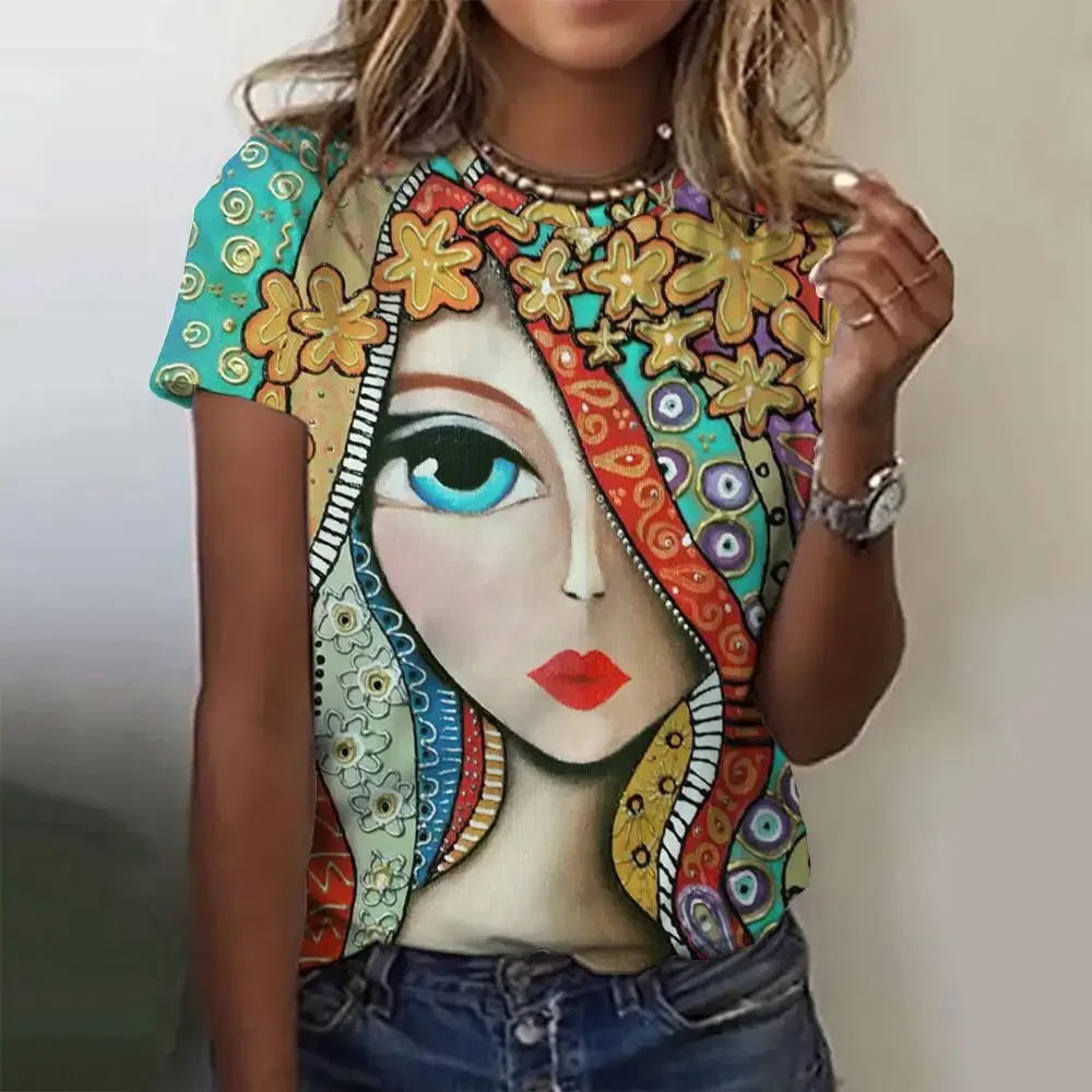 夏のファッショントップ女性 3d 花柄 Tシャツガールズフェイスペインティング原宿カラフルな美しい半袖 Tシャツ特大服