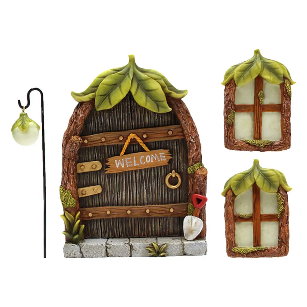Mini Resin Luminous Fairy Door and Window Scene Decor Courtyard Garden Tree Hanging Christmas Ornament Outdoor Lighting