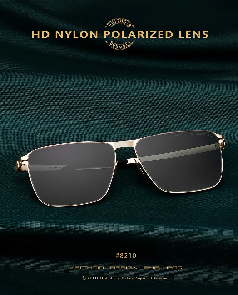 VEITHDIA Marken-Herrensonnenbrille, quadratisch, aus Edelstahl, hochauflösende Nylon-Gläser, polarisierte Brille mit UV400-Schutz 8210 – Detail 3