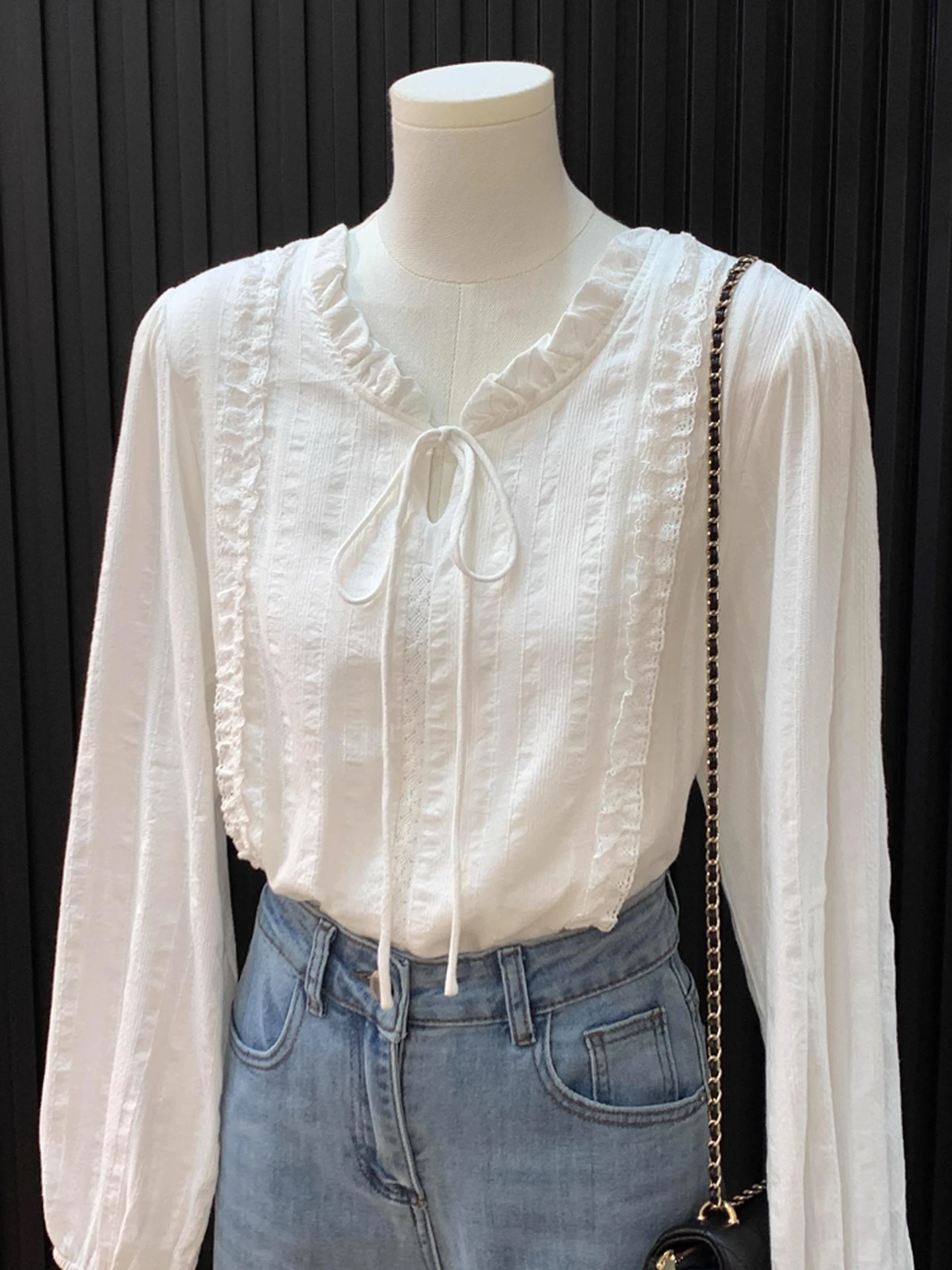 Ele White Lace Trim irt Damen Faionable Herbst Winter Top French Sle Slim Fit Long Sve Pure Color Girl's irt