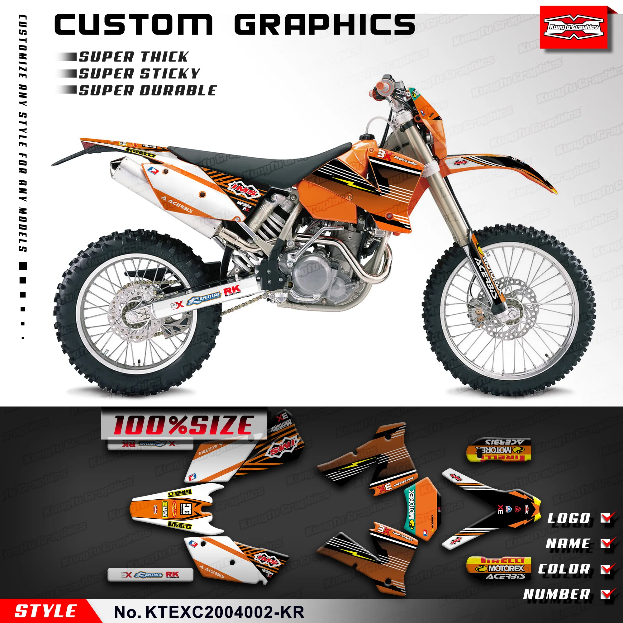 

KUNGFU GRAPHICS Motorbike Decal Full Wraps for KTM 125 200 250 300 400 450 525 EXC 2004, KTEXC2004002-KR