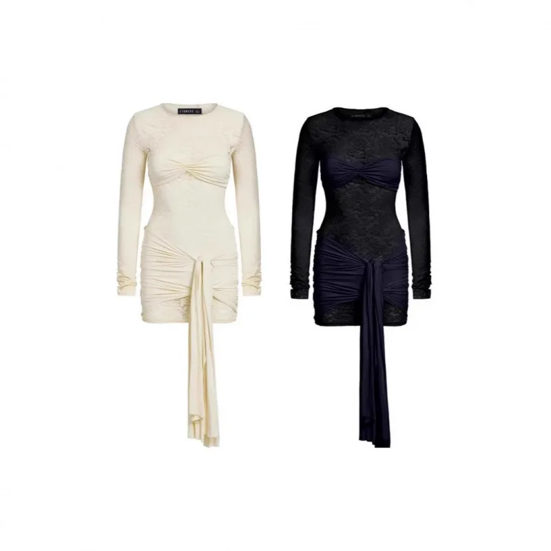 Löwin Sexy Hot Girl 2025, Rundhalsausschnitt, lange Ärmel, Schleife, Spitze, Ausschnitt, plissiertes Patchwork-Minikleid