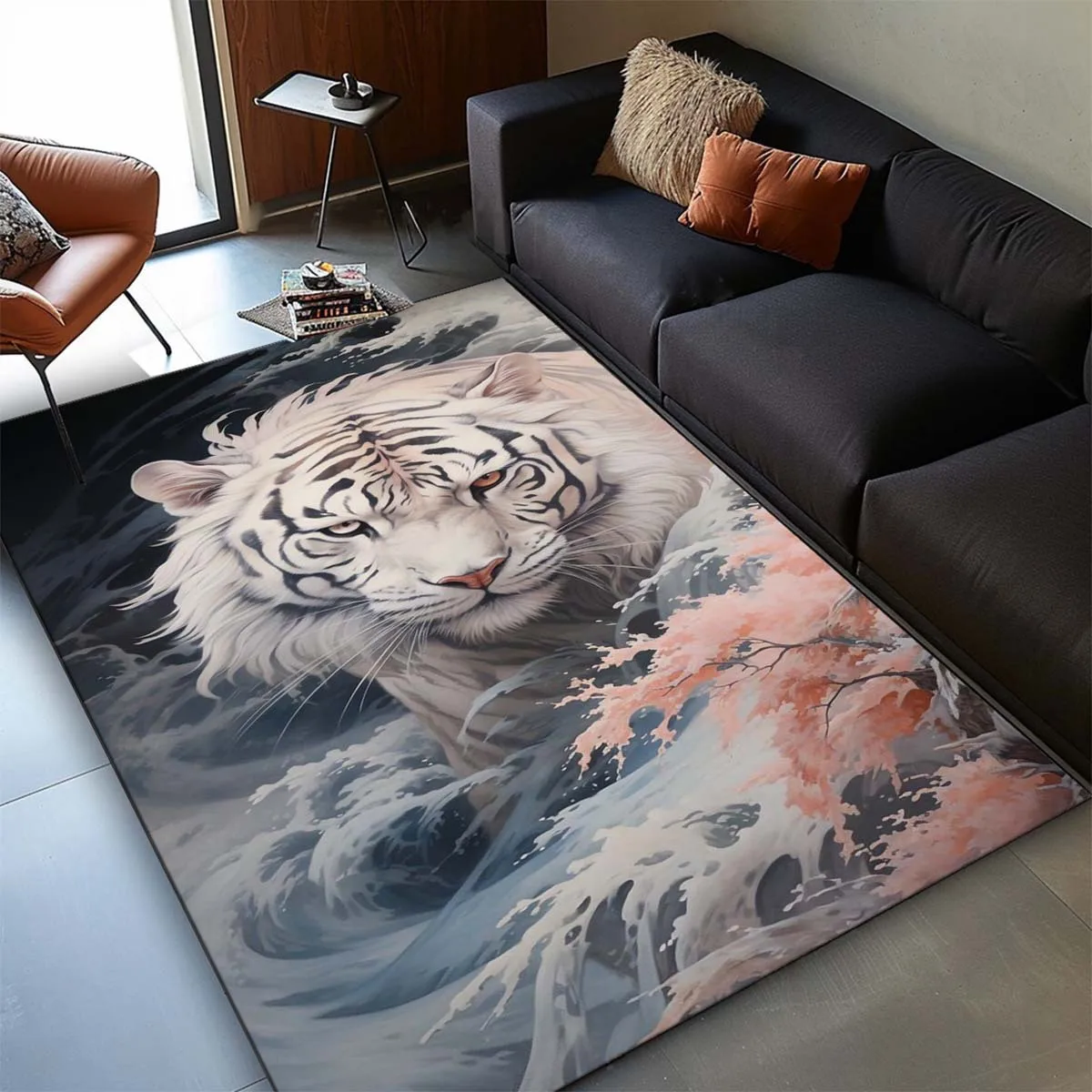 

1pc White tiger print pattern rug, crystal velvet fabric, perfect for living room or bedroom decoration