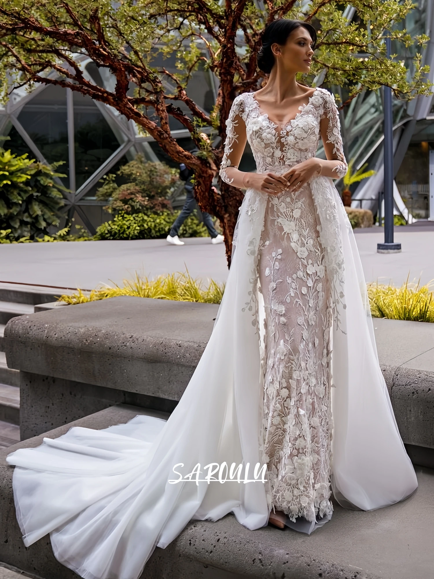 SAROULU Abito da sposa con maniche a illusione completa con applicazioni floreali 3D, abito da sposa lungo in tulle a due pezzi, abito da sposa personalizzato