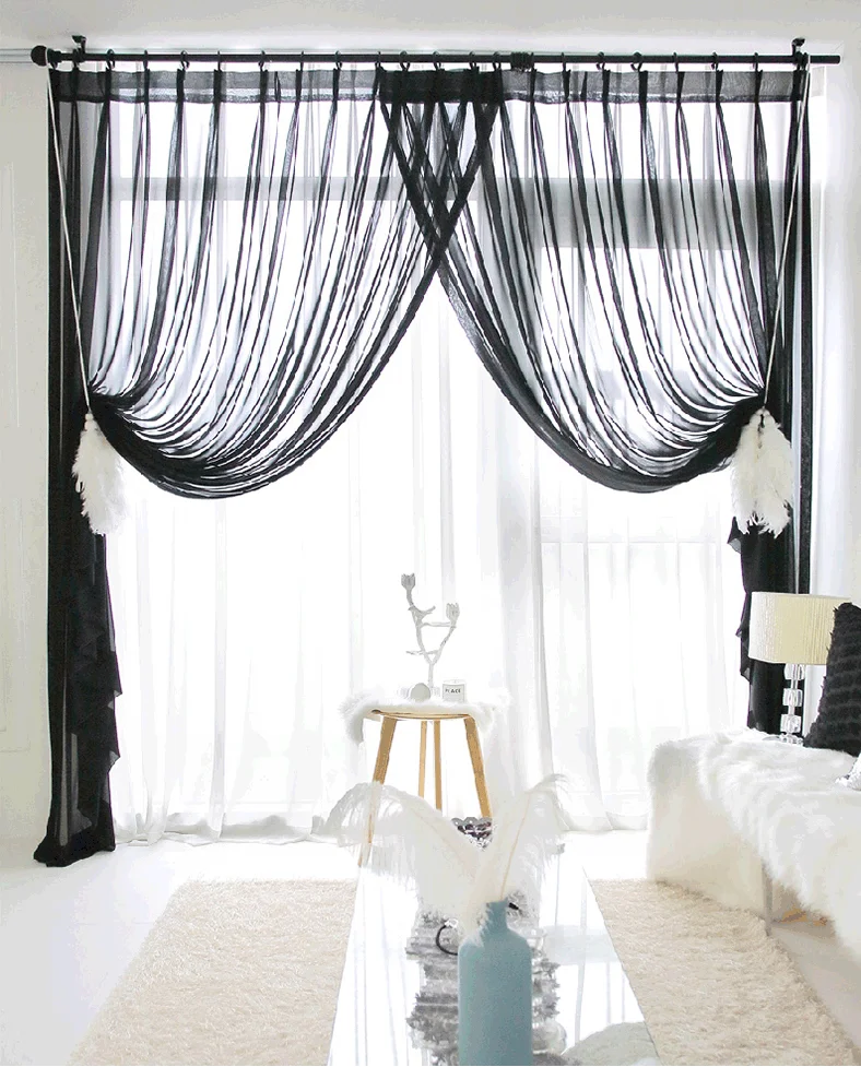 

Modern Fashion Solid Black Soft Voile Curtain Window Screen for Living Room Transparent Dance Room Door Drapes Home Deco Fabrics