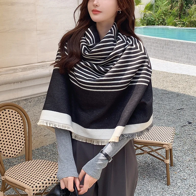 

Classic and Elegant Striped Faux Cashmere Scarf125*125Summer-Conditioned Room Warm Shawl Women's Fashion Scarf