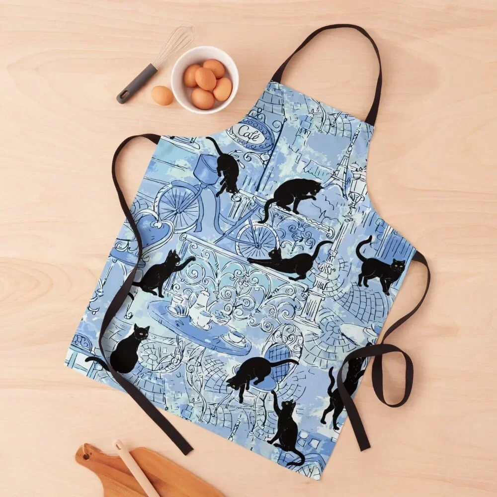 

Blue Paris Cafe with Black Kawaii Cats Pattern Apron kitchen utensil Kitchen Items For Home Apron