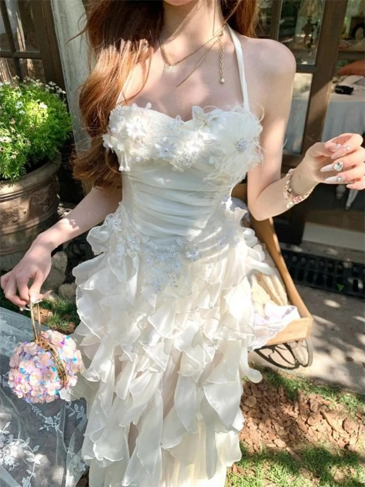 Image of Französisches Feenkleid mit Weißer Blumenspitze und Trägern für Damen, Reines Verlangen, Süße Schlanke Kleider, Neues Design, Elegante Partykleidung 2026
