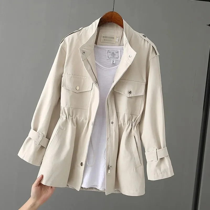 2026 Spring Autumn New Windbreaker Women's Medium Long Korean Edition Loose Jacket Women's Solid Casual Zipper Windbreaker Coats