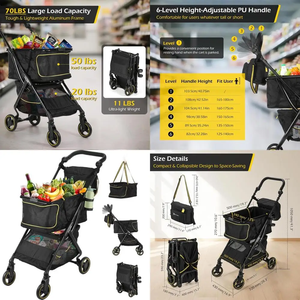 

Складная корзина для покупок с грузоподъемностью 70 фунтов, двухуровневая коляска для продуктов, регулируемая по высоте ручка, 360° ° Поворотные колеса, Б