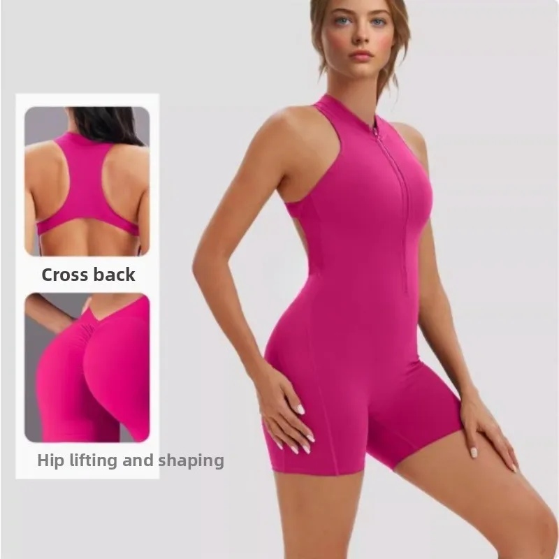 

One-piece yoga suit with zipper, one-piece fitness suit with tummy control, one-piece sports outfit with shapewear and butt lift