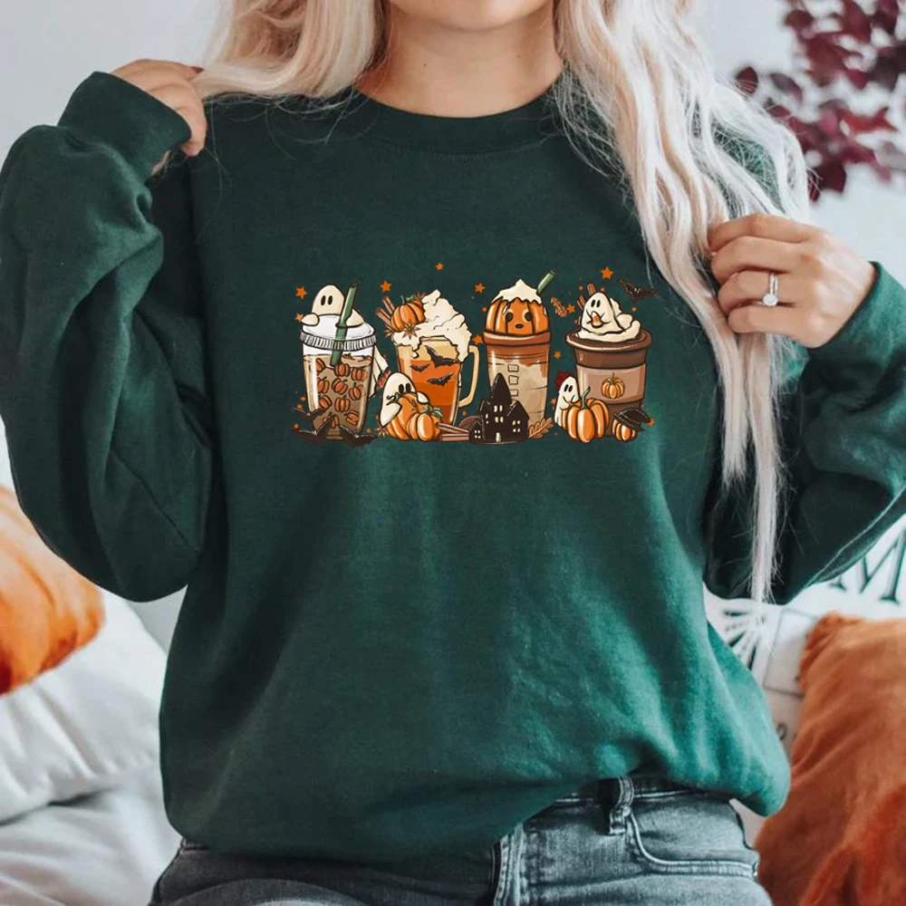 Fall Coffee Sweatshirt Cute Fall Hoodies Thanksgiving Pullovers Halloween Gift Unisex Long Sleeve Sweatshirt Coffee Lover Tops